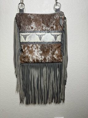 Fringe Crossbody Leather Cowhide Bag Longhorn Skull Accents Gray